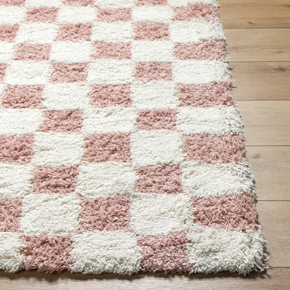 Willa Shaggy Modern Plush Pile Dusty Pink Checkered Rug - Image 3