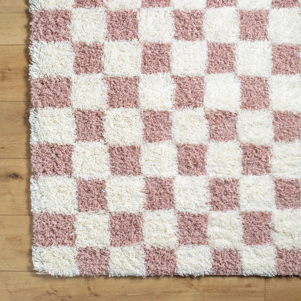 Willa Shaggy Modern Plush Pile Dusty Pink Checkered Rug - Image 4