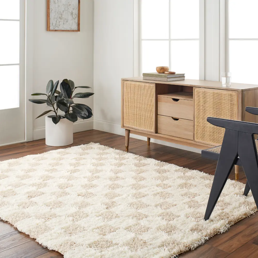 Willa Shaggy Modern Plush Pile Light Beige Checkered Rug - Image 2