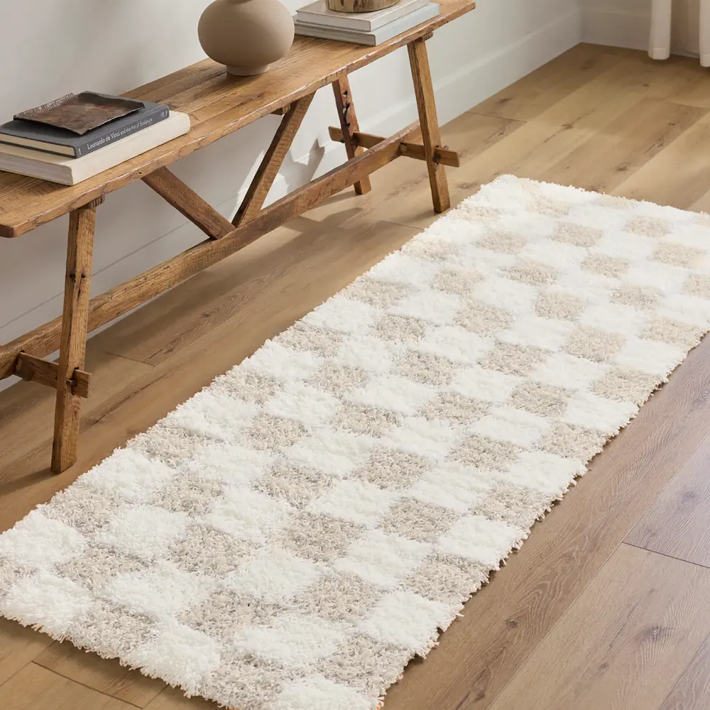 Willa Shaggy Modern Plush Pile Light Beige Checkered Rug - Image 3