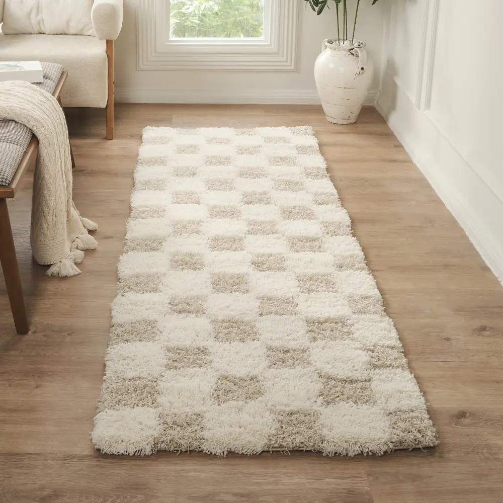Willa Shaggy Modern Plush Pile Light Beige Checkered Rug - Image 9