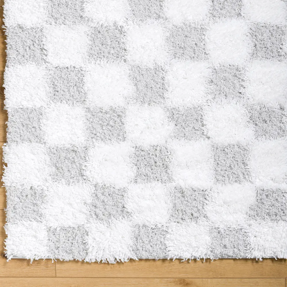 Willa Shaggy Modern Plush Pile Light Grey Checkered Rug - Image 11
