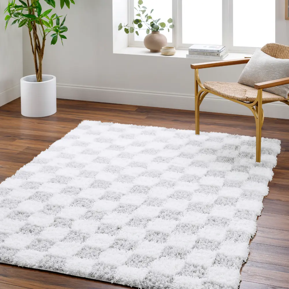 Willa Shaggy Modern Plush Pile Light Grey Checkered Rug - Image 2