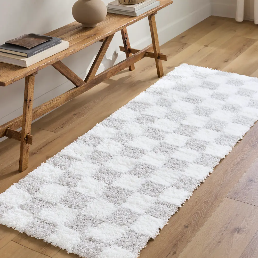 Willa Shaggy Modern Plush Pile Light Grey Checkered Rug - Image 4