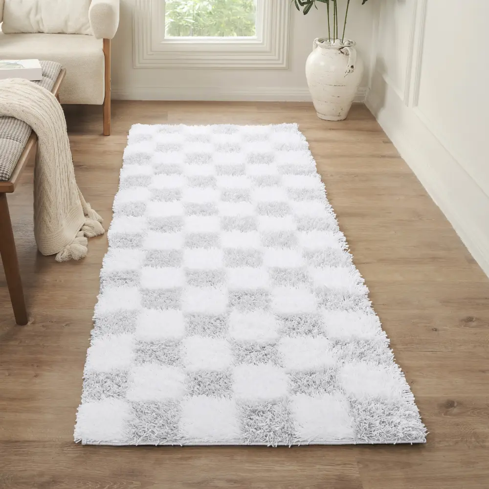 Willa Shaggy Modern Plush Pile Light Grey Checkered Rug - Image 7