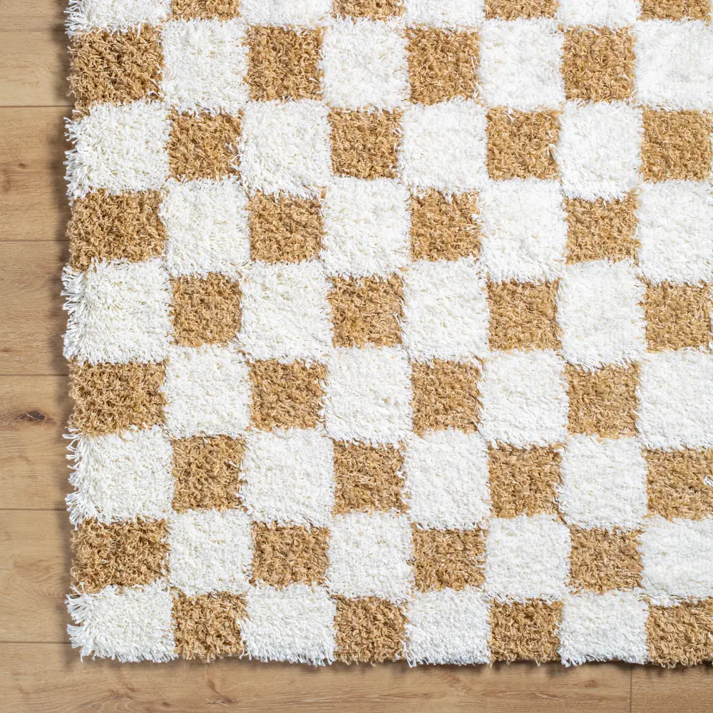 Willa Shaggy Modern Plush Pile Mustard Checkered Rug - Image 2