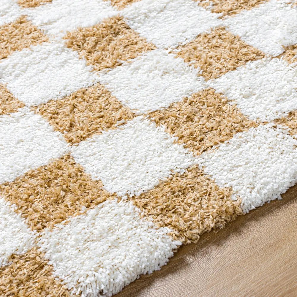 Willa Shaggy Modern Plush Pile Mustard Checkered Rug - Image 3