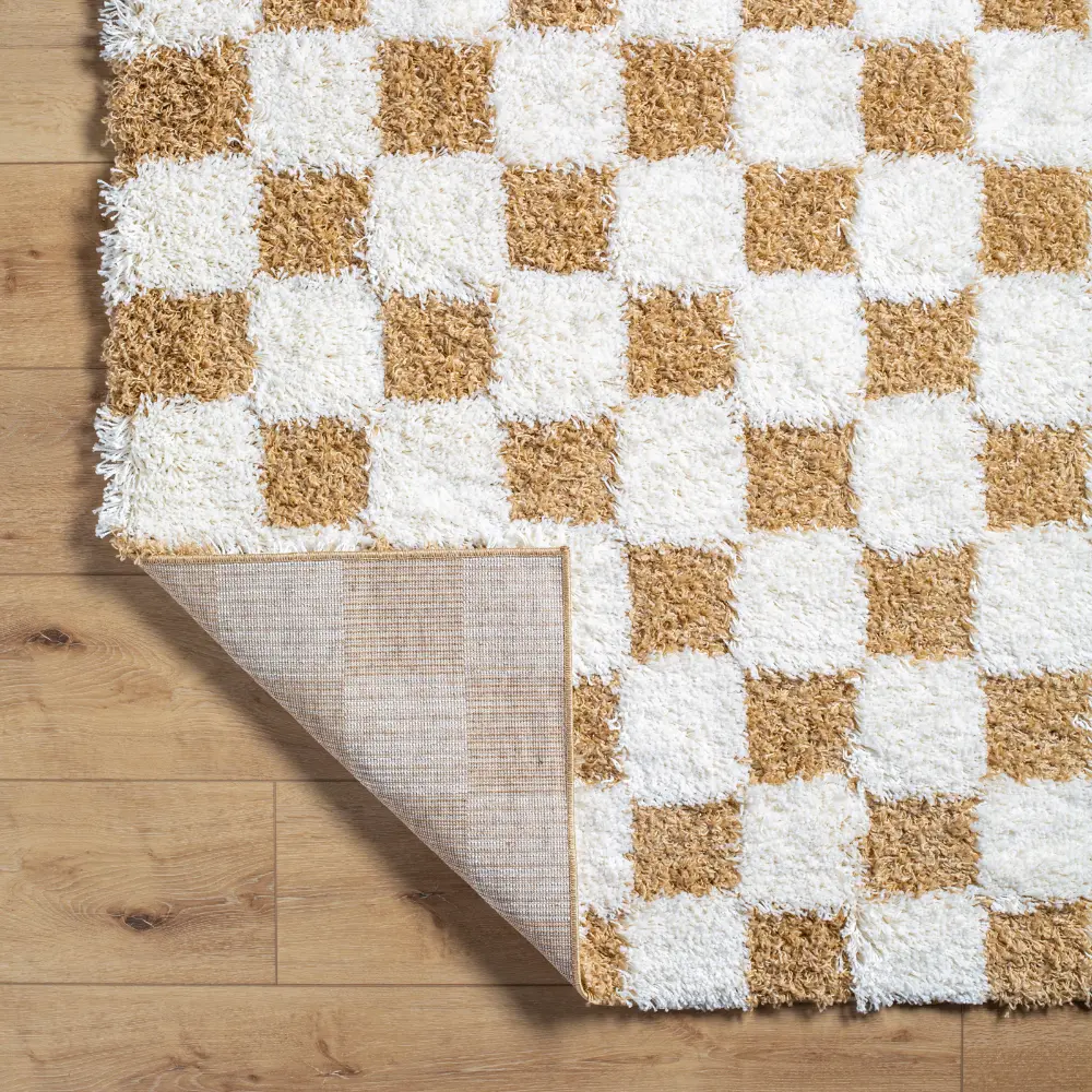 Willa Shaggy Modern Plush Pile Mustard Checkered Rug - Image 5