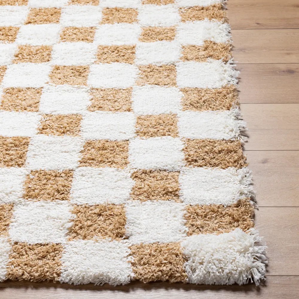 Willa Shaggy Modern Plush Pile Mustard Checkered Rug - Image 6